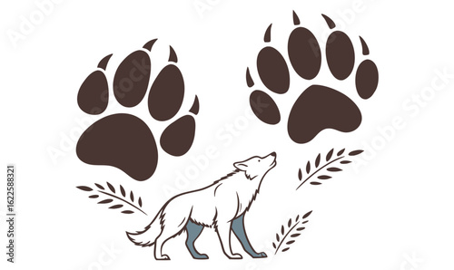 Howling Wolf with Bear Paw Prints and Leaves – Wildlife Silhouette Vector Art