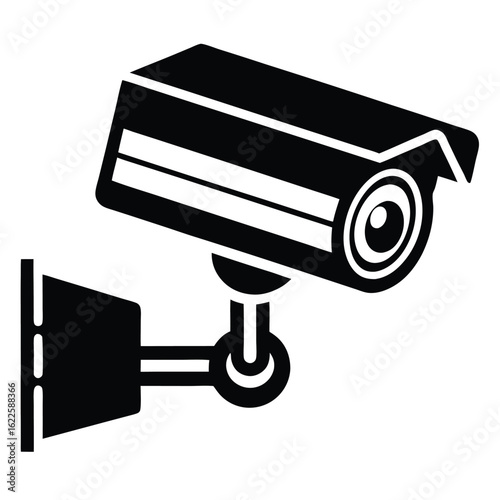 Black Surveillance Camera Icon Mounted on Wall, Security System Graphic Illustration