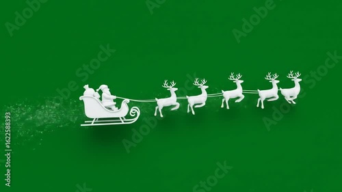 Santa Claus Sleigh with Reindeer Flying Through Green Screen Background in Animation
