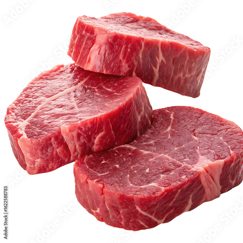Meat, meat cuts, steaks, light falling on it from an angle making it more visible and attractive, close-up, transparent background