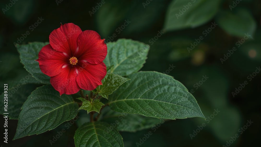 Vibrant Red Flower Nestled in Green Leaves Vibrant Red Flower Nestled in Green Leaves