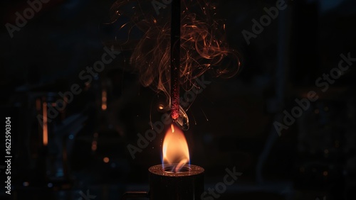 Glowing red-hot iron spike heated by a laboratory flame