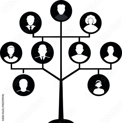 Elegant ancestry tree with portrait zones black silhouette