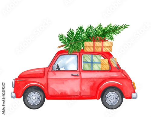 Watercolor red car with christmas tree and gifts, holiday season festive mood