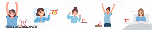 vector young woman wakes up early