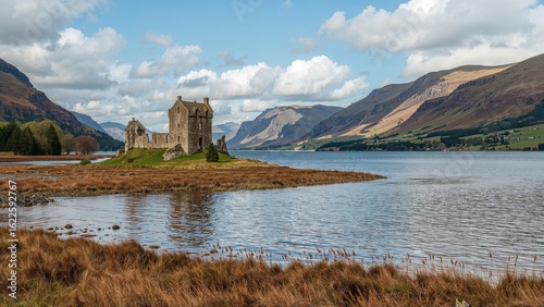 Fototapeta Naklejka Na Ścianę i Meble -  An old castle ruin overlooks the longest freshwater lake in the area, accessible by foot from a road along the A85. The picture is shot from the far side of the lake.