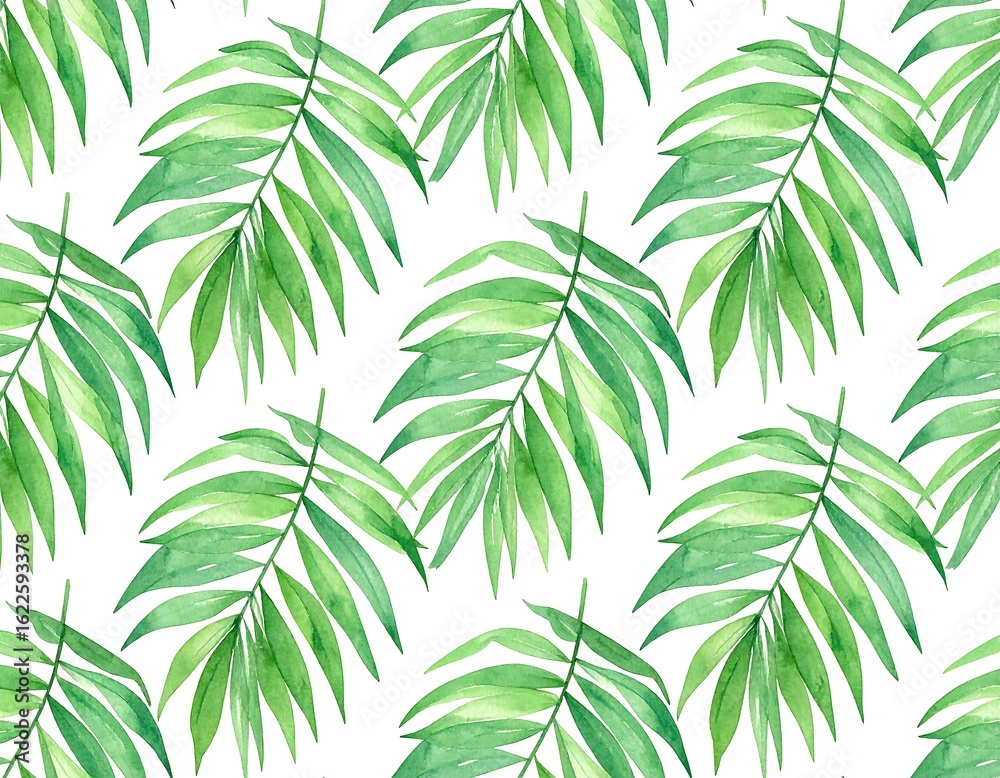 Obraz premium Watercolor tropical green palm leaves pattern on white background for summer theme