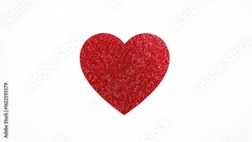 Isolated red heart glitter decals on a bright white background, viewed from the top. Elegant Valentine's decoration.