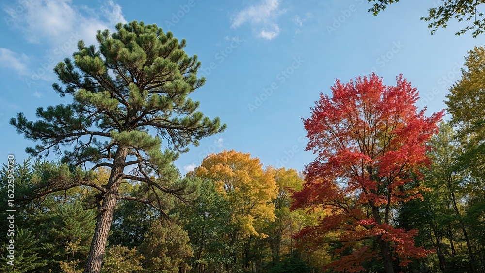 Naklejka premium A scene with maple and Korean pine trees
