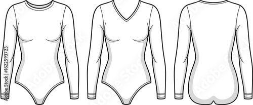 Long sleeve bodysuit technical sketch, front and back views, vector fashion illustration, clothing design flat template, CAD drawing outline