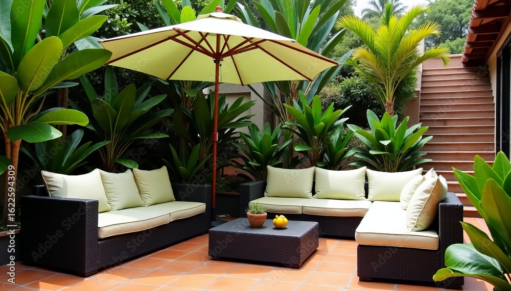 Fototapeta premium Inviting Tropical Patio Woven Rattan Lounge Furniture Light Cushions and Pale Green Umbrella Lush Outdoor Retreat