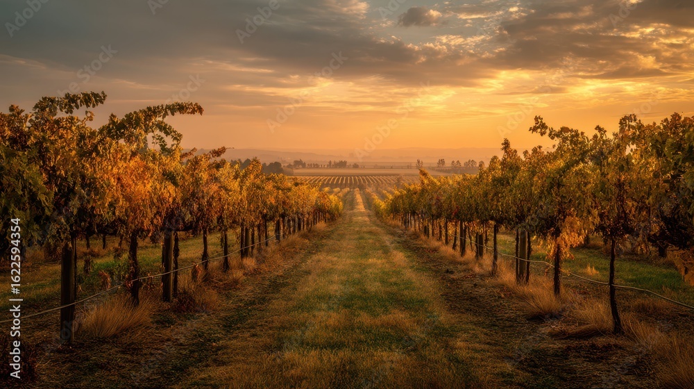 Fototapeta premium Golden Tones of a Vineyard at Sunset with Beautiful Cloudy Sky