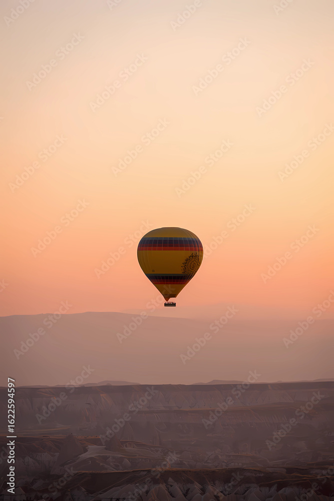 Obraz premium Colorful Hot Air Balloon Soaring Over a Rocky Landscape