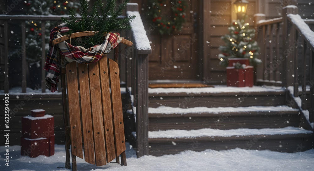 Fototapeta premium Winter Sled and Scarf on Snowy Porch with Festive Holiday Decor