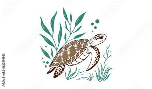 Hand drawn illustration of a sea turtle swimming in green seaweed underwater