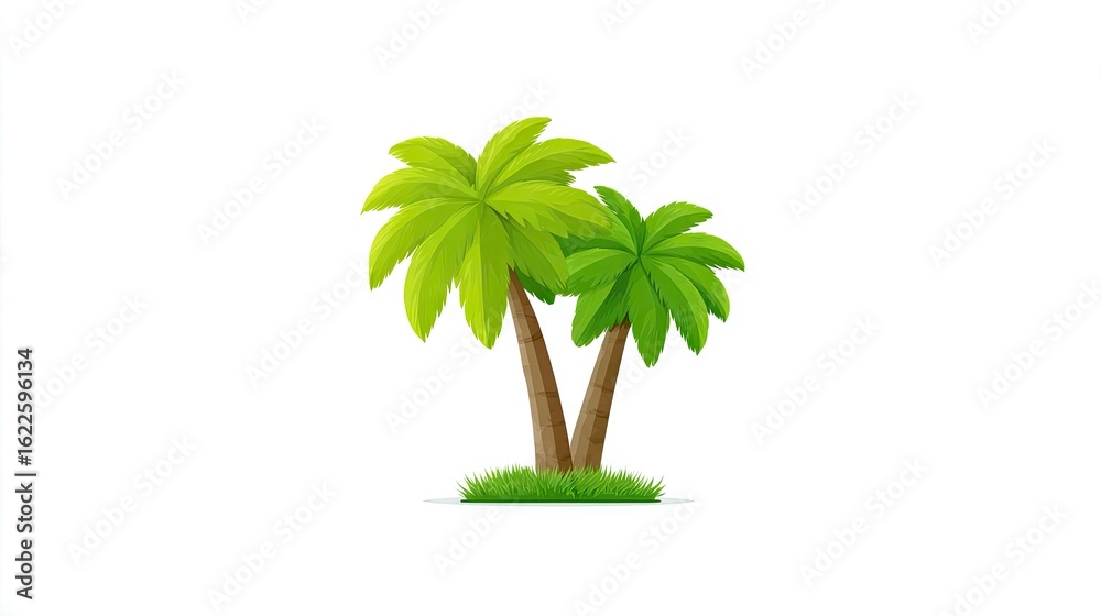 Fototapeta premium Two palm trees stand on a grassy patch.