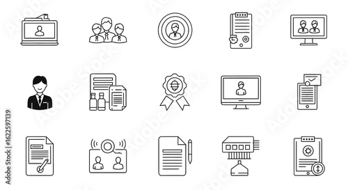 Minimalist Business and Technology Icon Set – Black and White Stroke Style
