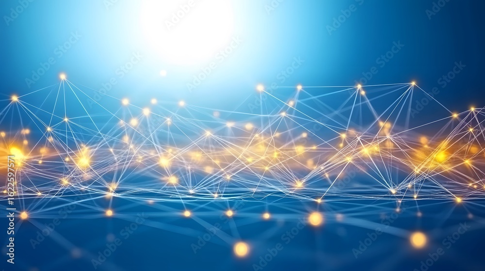 Fototapeta premium Abstract Network Connection Golden Nodes Blue Background Digital Technology
