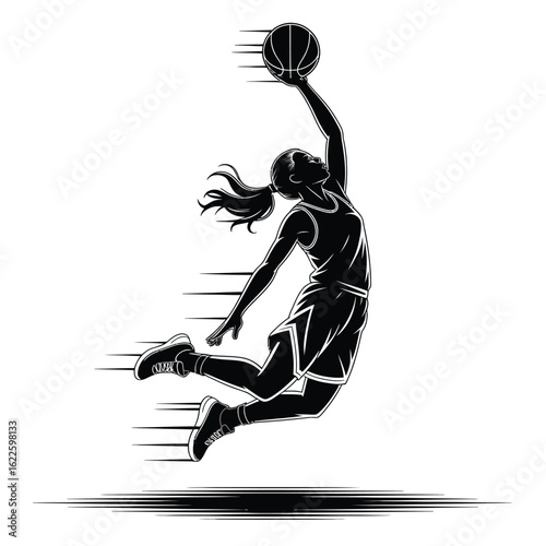 Dynamic silhouette of a female basketball player dunking