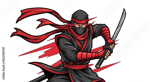 Illustration of a stealthy ninja warrior concept, a Japanese assassin with a katana sword poised for attack.