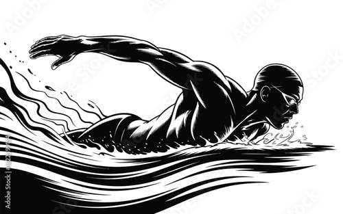 Dynamic black and white illustration of a swimmer in action