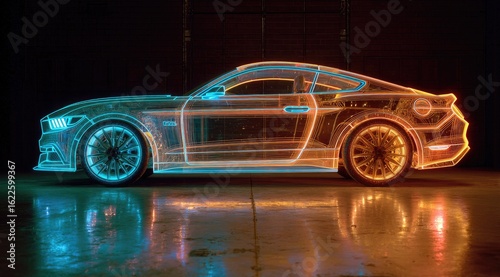 A futuristic, transparent car, outlined in vibrant neon colors,  is seen in a dark, industrial garage setting