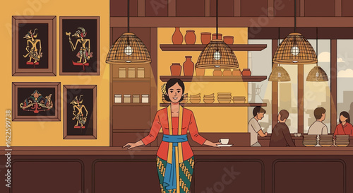 Elegant Indonesian Restaurant Scene With Traditional Attire And Cultural Ambiance