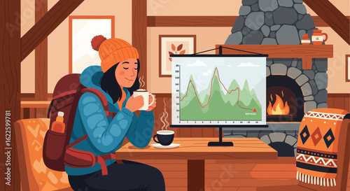 Woman Relaxing With Hot Drink After Hiking Trip In Mountain Cabin