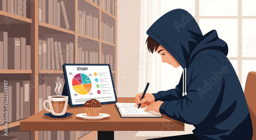 Student Studying With A Tablet And Enjoying A Cupcake At Home