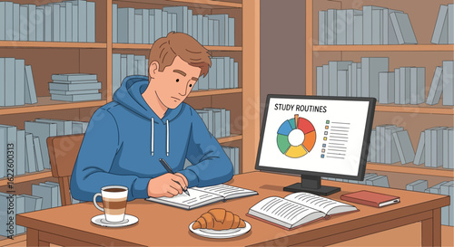 Student Studying With Coffee And A Computer In Library