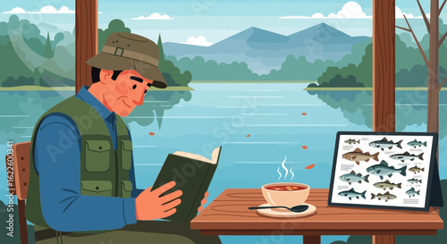 Angler Enjoying Quiet Time Reading By The Lake Illustration