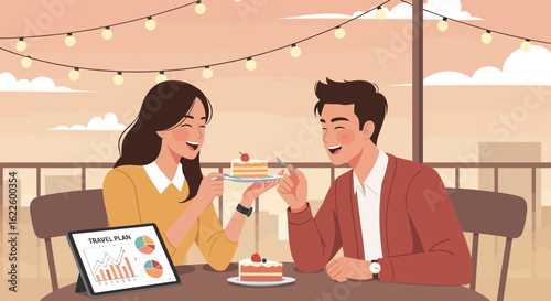 Romantic Getaway Couple Sharing Dessert On Terrace Restaurant Vacation