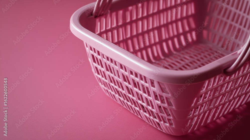 Obraz premium Pink plastic laundry basket on pink background with shadows for minimal retail container visuals