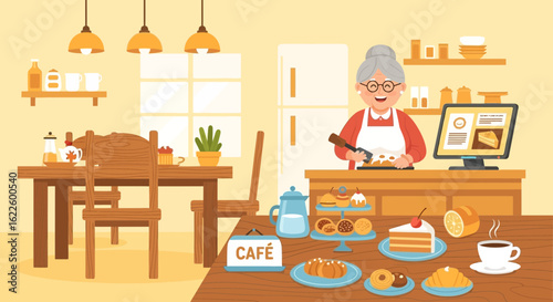 Grandmother Baking Cakes In Her Cafe At Home Illustration