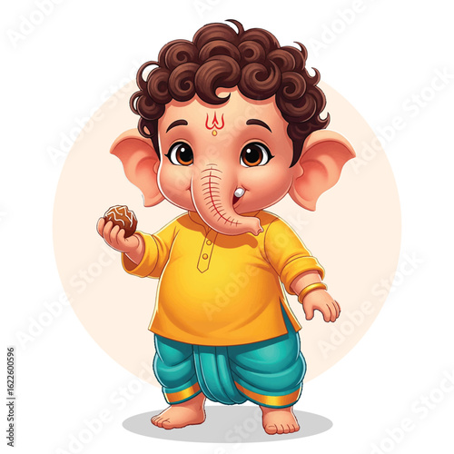 Cute Baby Ganesha Holding Modak – Traditional Indian God in Modern Kids Avatar Vector