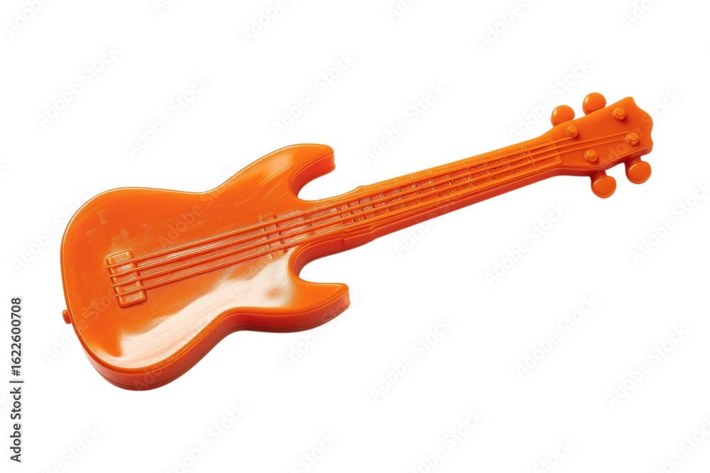 Obraz premium Colorful toy guitar made of plastic for children's playtime music activities indoors or outdoors