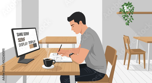 Creative Freelancer Visualizing Ideas Drawing On Sketchbook At Workplace