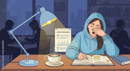 Tired Student Studying Late At Night Under Desk Lamp