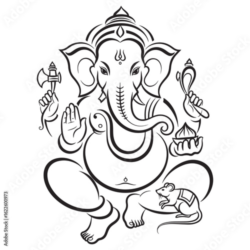 Traditional Lord Ganesha Line Art – Hindu Deity Vector Illustration