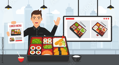 Smiling Man Presents A Japanese Bento Box Lunch Menu Online