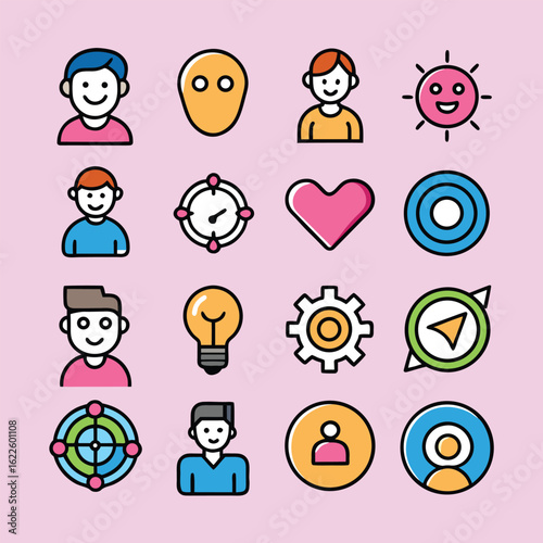 Happy diverse cartoon avatars, icons, and positive symbols:  target, compass, heart, lightbulb, gear.