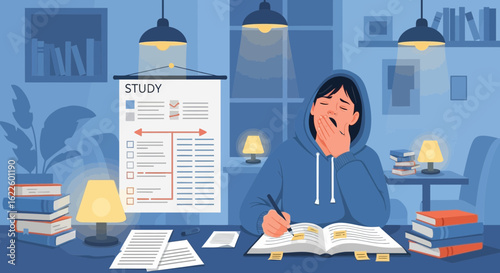 Tired Student Yawning While Studying Late At Night In Room
