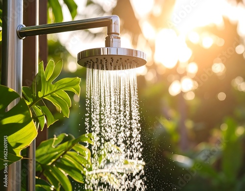 Outdoor shower head spraying water
