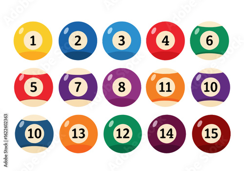 A collection of colorful billiard balls, numbered from one to fifteen, arranged in rows on a white background, showcasing the iconic design of pool balls.