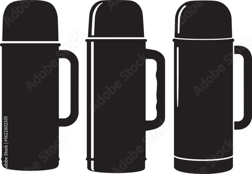Three black thermos flasks in silhouette