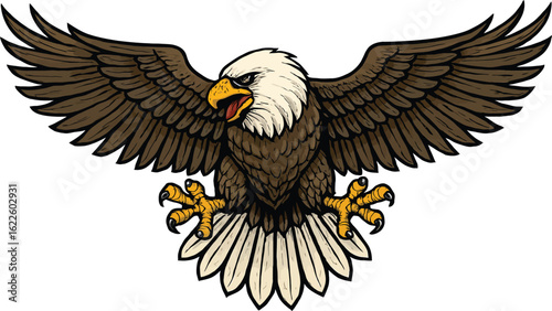 Vector cartoon illustration of a flying bald eagle, a majestic wild bird with spread wings, representing freedom and nature