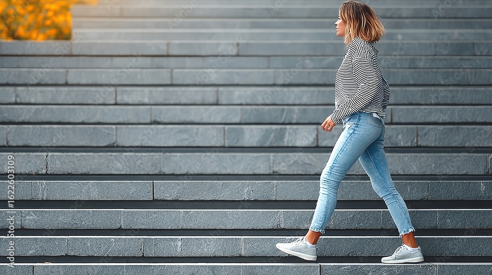Confident woman strides up outdoor stairway, embodying determination and a healthy lifestyle. Confident woman strides up outdoor stairway, embodying determination and a healthy lifestyle.