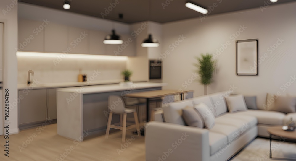 Fototapeta premium Modern Open Plan Apartment Interior Design with Neutral Color Palette, Blurred Background