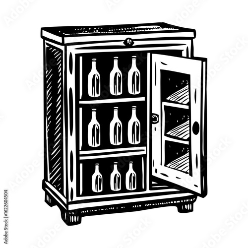 A vintage style illustration depicting bar cabinet
