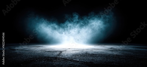 Empty asphalt surface bathed in a soft, light blue glow, with smoky haze above